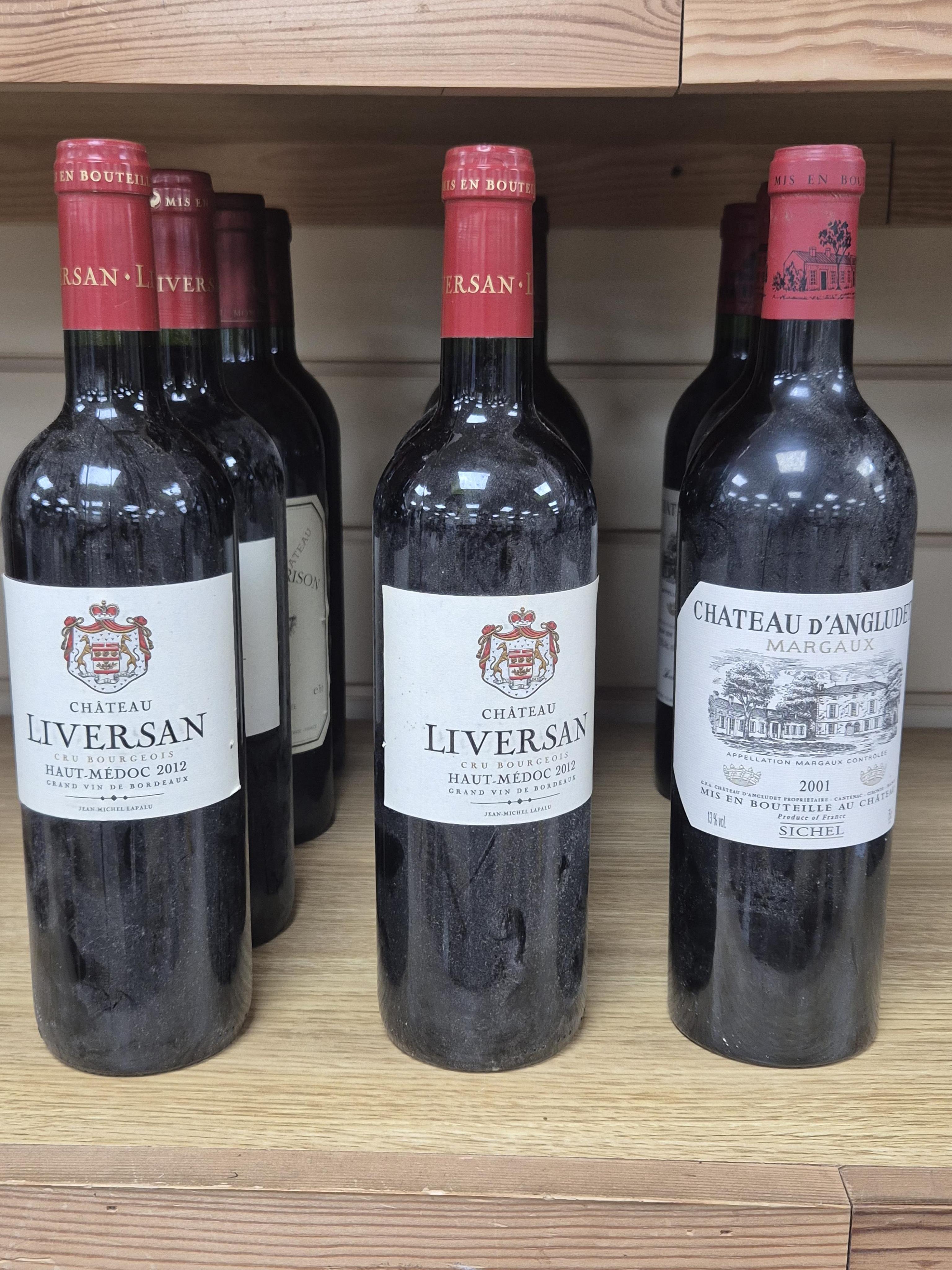 Chateau Liversan, 2012, three bottles, Chateau Monbrison Margaux, 2000, four bottles, and Chateau d’Angludet, 1996 and 2001, three bottles